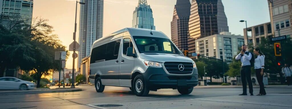 a sleek, modern sprinter van parked in a bustling urban setting in austin, with prominent rental agency signage and customers in business attire discussing rental options, conveying a sense of professionalism and convenience.